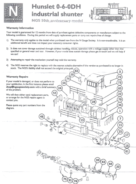 Extract from the manual, showing an exploded view of the NGS Hunslet shunter